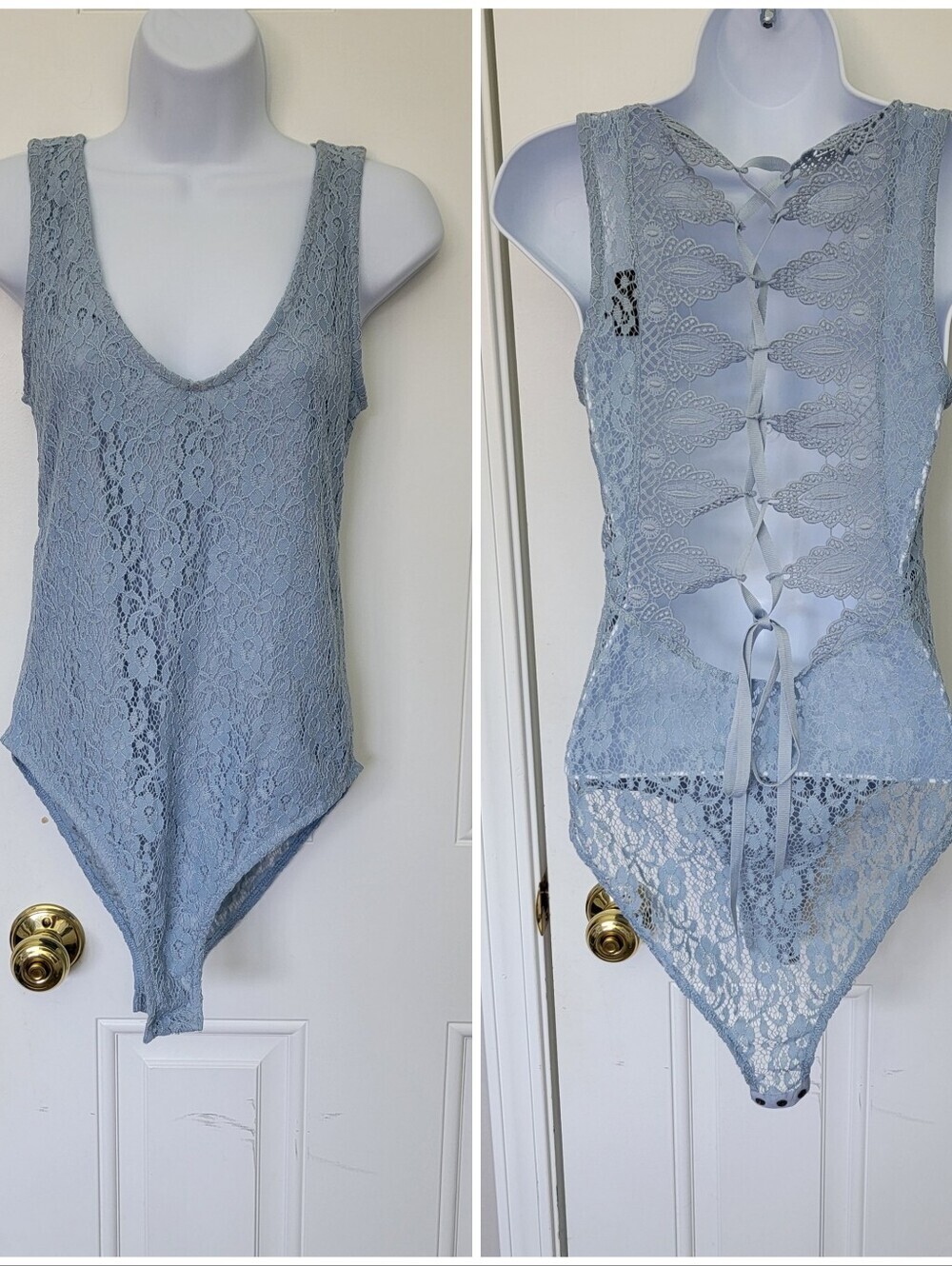 Topshop Sleeveless Blue Lace Bodysuit Intricate Lace Up Ribbon Back Size 8